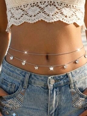 NWT, Delicate Silver Butterfly Double Layer Waist Chain Body Jewelry